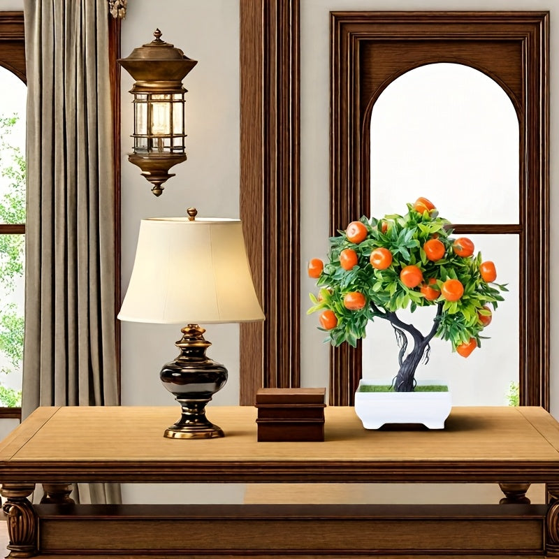 Artificial Orange Tree Bonsai with realistic green foliage, ideal for home and office decor. Comes with white pot and moss base, great for gifting on various occasions.