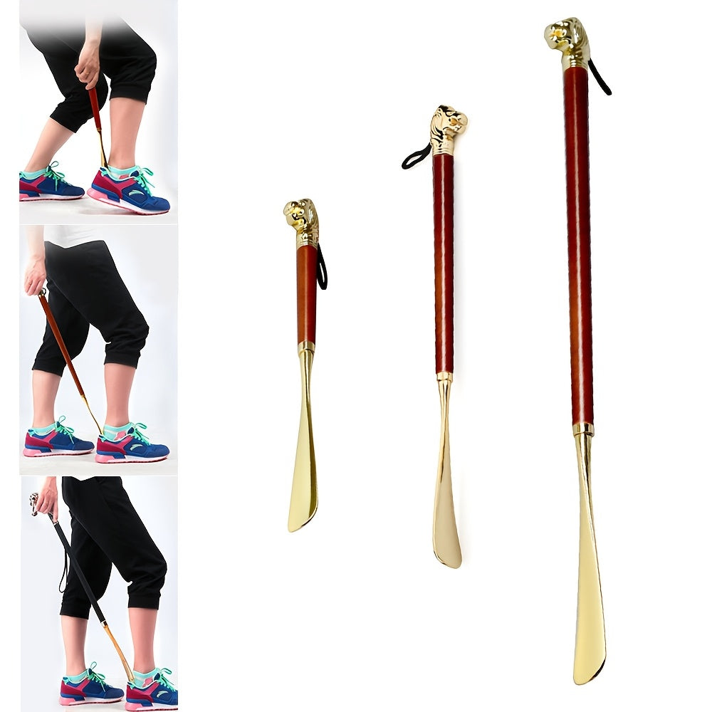 MEGICOT Long Handle Lion Head Shoe Horn is a durable and stylish shoe helper designed for seniors and disabled individuals. Made with zinc alloy metal and ergonomic wooden handle, it is the