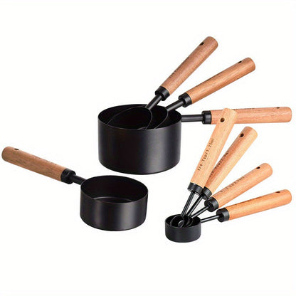 Set of 4 stainless steel measuring cups and 4 stainless steel measuring spoons with acacia wooden handles. Ideal for measuring dry and liquid ingredients when baking or cooking. Includes seasoning and powder spoons for added convenience in the kitchen.