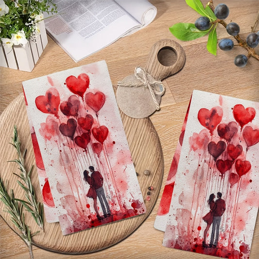 Two pieces of Romantic Valentine's Day kitchen towels made from ultra soft and highly absorbent polyester. Each towel measures 40.64x60.96 cm and is machine washable. Featuring a festive heart balloons design, these towels are perfect for adding some