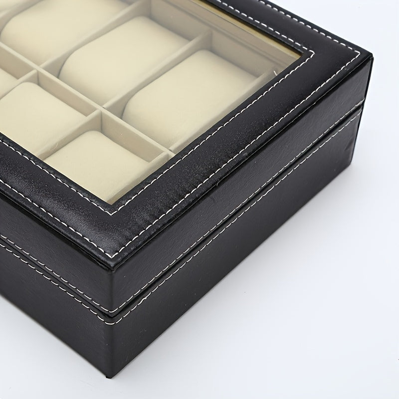 Fashion watch box with 10 slots, PU Leather, clear window, black, rectangular shape, flip-top closure, faux leather interior.