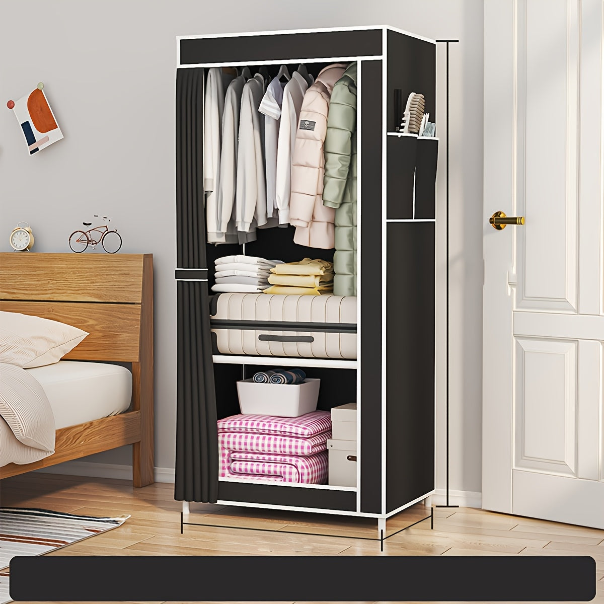 Compact metal wardrobe with over 3.2 cu. ft. capacity for easy assembly and space-saving storage in bedroom, home, or dorm.