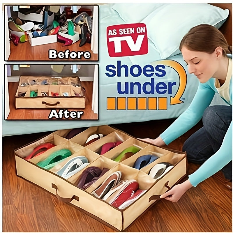 12-compartment shoe organizer with space-saving design - features a dustproof and moisture-resistant transparent non-woven fabric storage box with lid that is foldable and ideal for under bed storage.