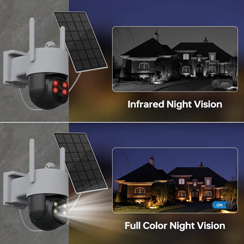 Introducing the ZHXINSD 4MP Solar-Powered Security Camera! This wireless outdoor surveillance camera features 2.4GHz connectivity, two-way audio, color night vision, PIR motion detection, 360-degree panoramic view, PTZ functionality, and a rechargeable