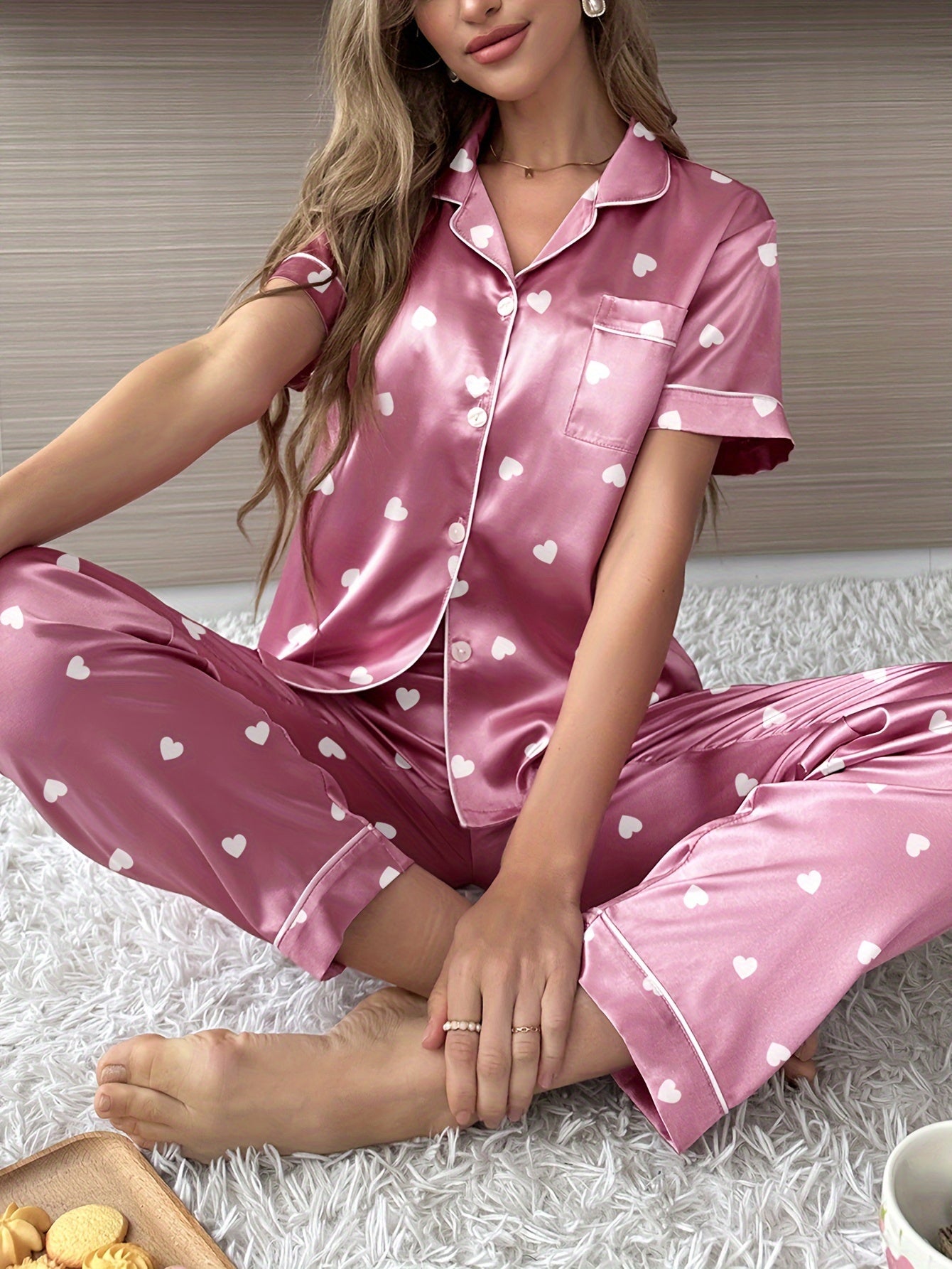 Women's Satin Pajama Set with Heart Print Top and Elastic Pants