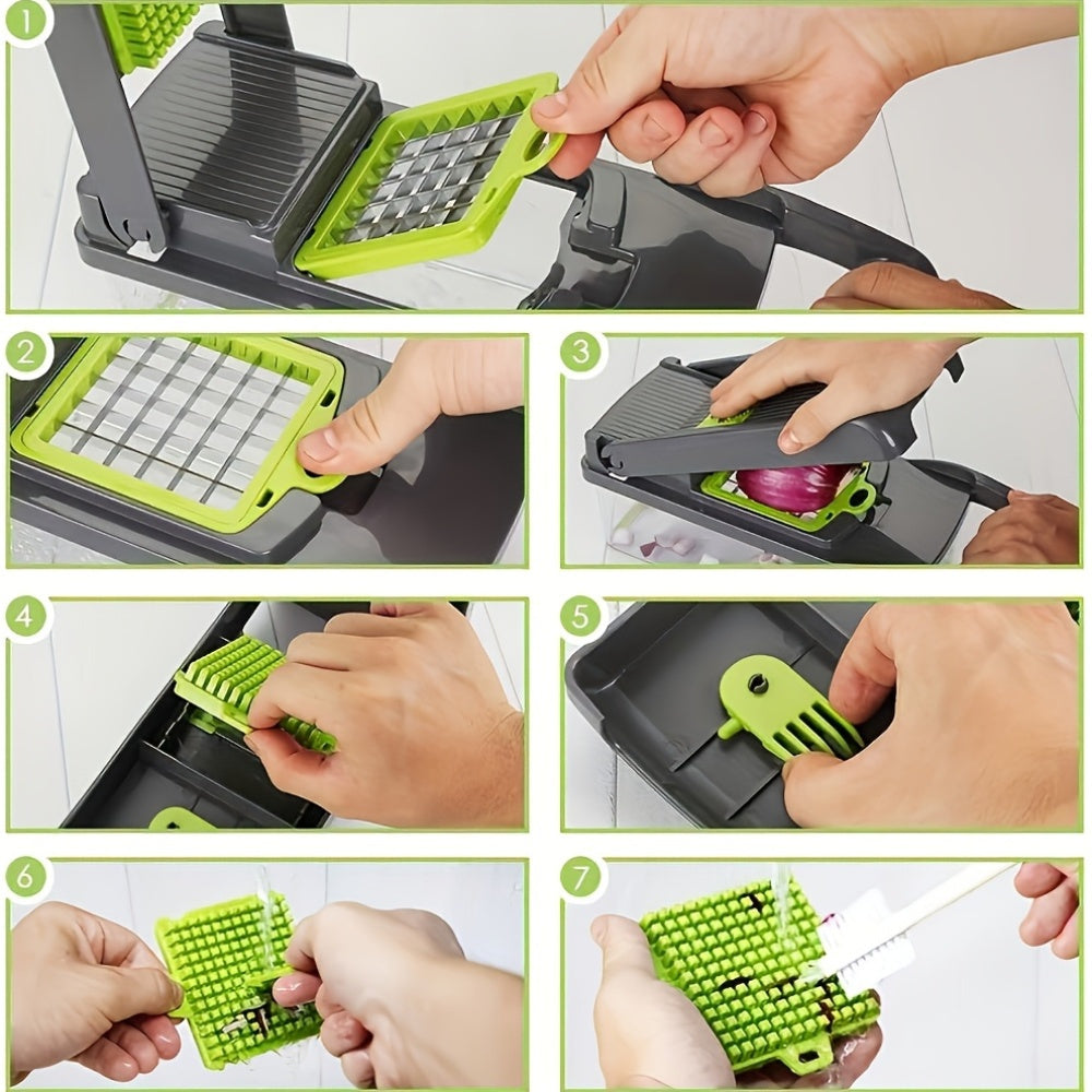 Get ready to slice, dice, and julienne your vegetables in a snap with this 16-piece multifunctional vegetable slicer and dicer! Featuring interchangeable blades for easy meal prep, this set includes a slicer with 8 blades and a convenient container for