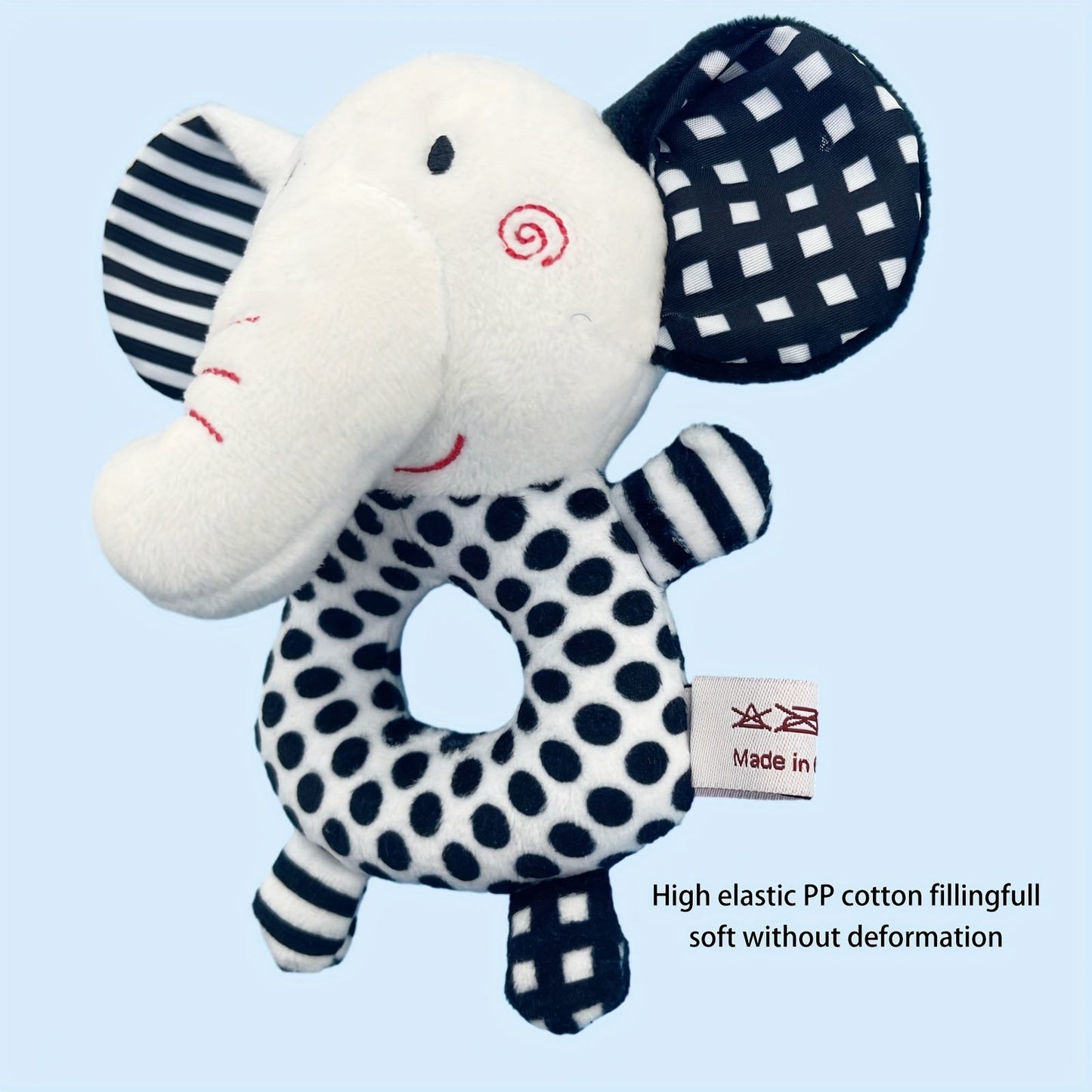 Baby Rattle and Grip Toy Set for Early Education, featuring Elephant and Fox Designs in Black and White. This Handheld Sound Toy is made with durable Polyester Material, ideal for Infants and Toddlers aged 0-3 Years.