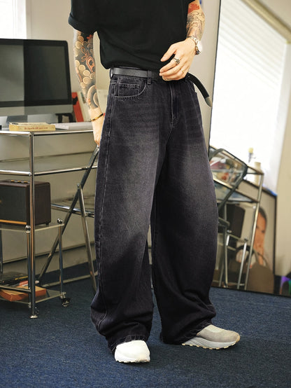 American high street style faded washed loose jeans, simple and versatile long pants without belt or ornaments.