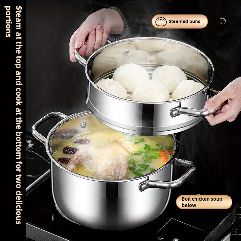 Stainless Steel Steamer Pot with Double Layer Basket, 21.84cm Size for Induction Cooktop and Gas Stove, Versatile Household Soup Pot for Cooking, Deep-Frying, and Hot Pot - Essential Kitchen Tool