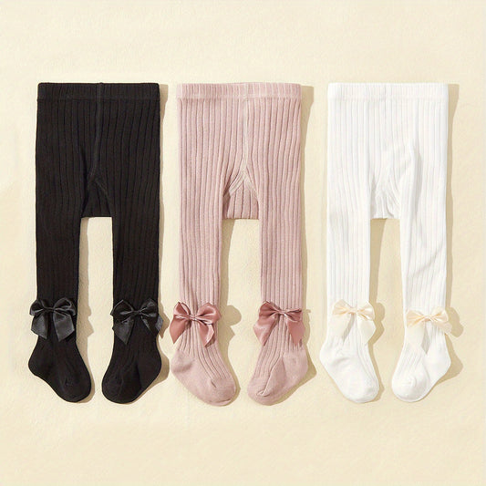 ¾ Pack of Solid Color Knitted Tights with Bow Decoration for Baby Girls, Spring and Autumn Style.