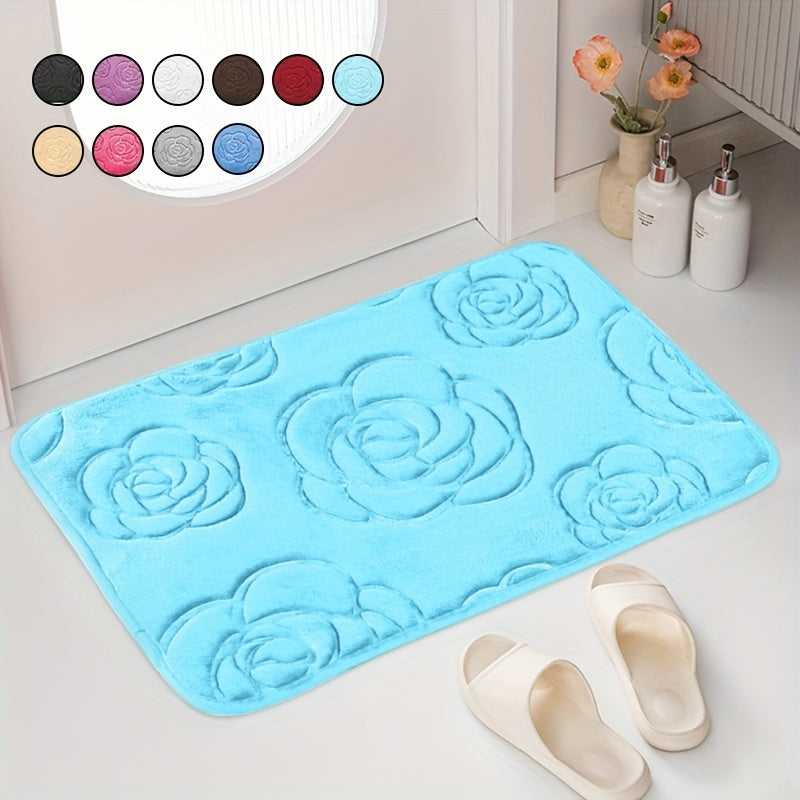 Plush, anti-slip bathroom mat with rose pattern in blue and white floral design. Absorbent and soft, perfect for bathroom or bedroom use.