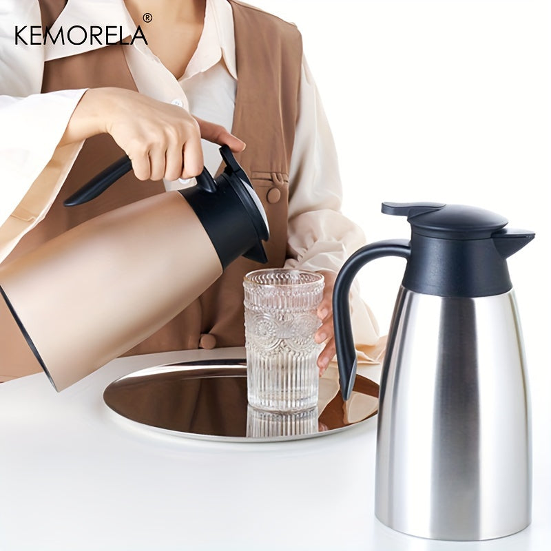 The KEMORELA 1.5/2L Thermal Kettle is made of durable stainless steel with vacuum insulation for 24-hour heat preservation. It has a large capacity and is perfect for home or office use, making it a portable and efficient coffee pot.