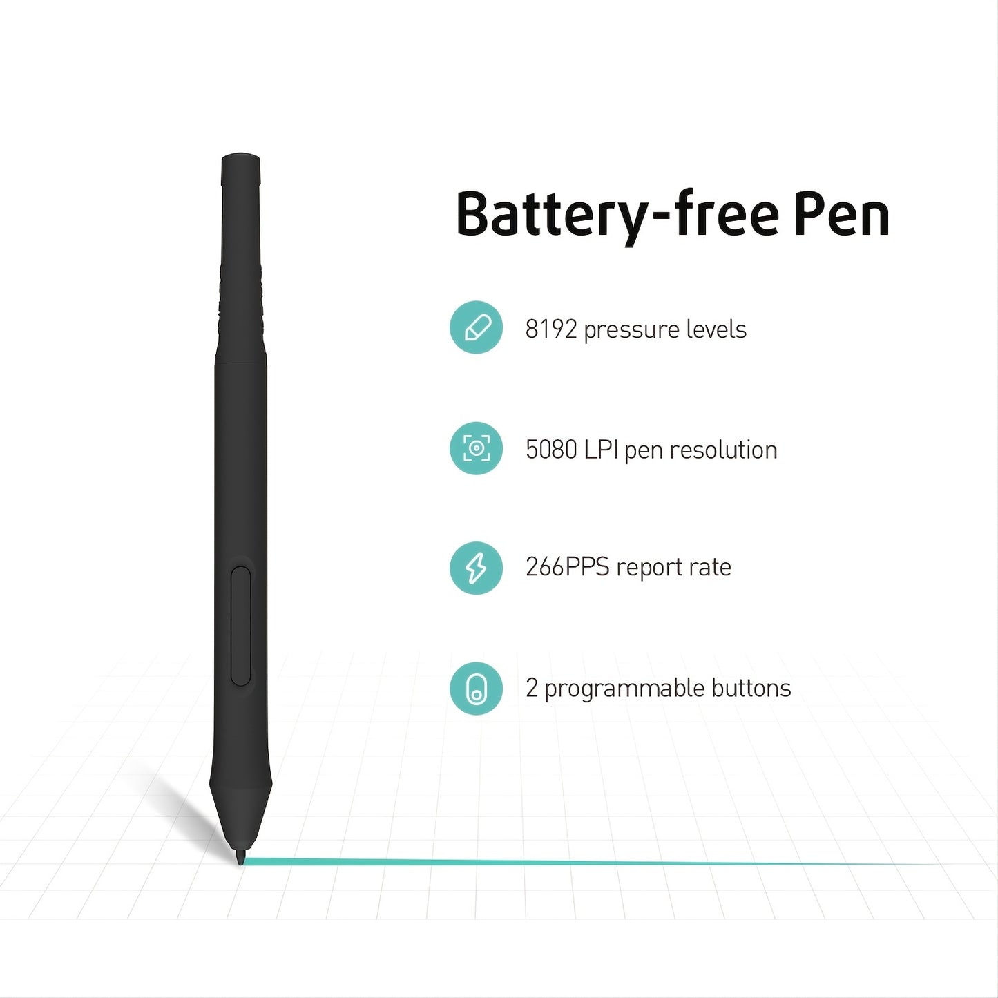 XENX Drawing Tablet features ABS material, 8192 pressure levels, 5080 LPI pen resolution, and 266 PPS reporting rate. It has 2 programmable buttons, no battery, and is compatible with both