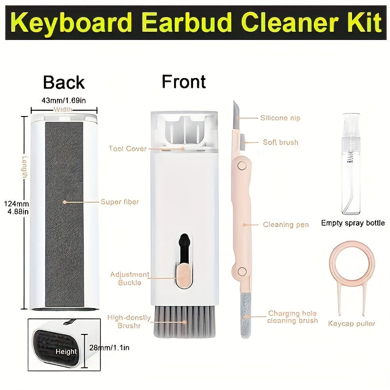 One-piece 7-in-1 cleaning kit for wireless headphones, earplugs, keyboards, laptops, and screens. Includes a cleaning pen, brush, and tool for multitasking cleaning needs.