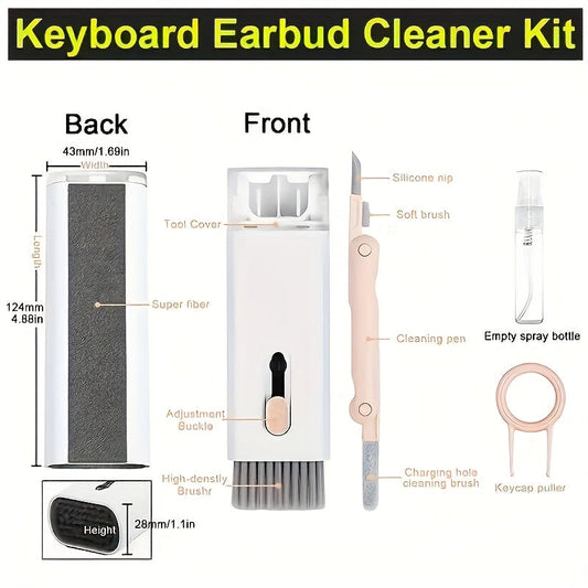 One-piece 7-in-1 cleaning kit for wireless headphones, earplugs, keyboards, laptops, and screens. Includes a cleaning pen, brush, and tool for multitasking cleaning needs.