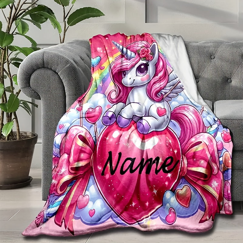 Personalized Rainbow Clouds and Fantasy Creature Print Flannel Throw Blanket - 1 Piece, Cozy and Warm Plush Blanket for Sofa, Bed, Travel, Camping, Home, Office - Machine Washable, Contemporary Design, Hypoallergenic, Perfect for All Seasons