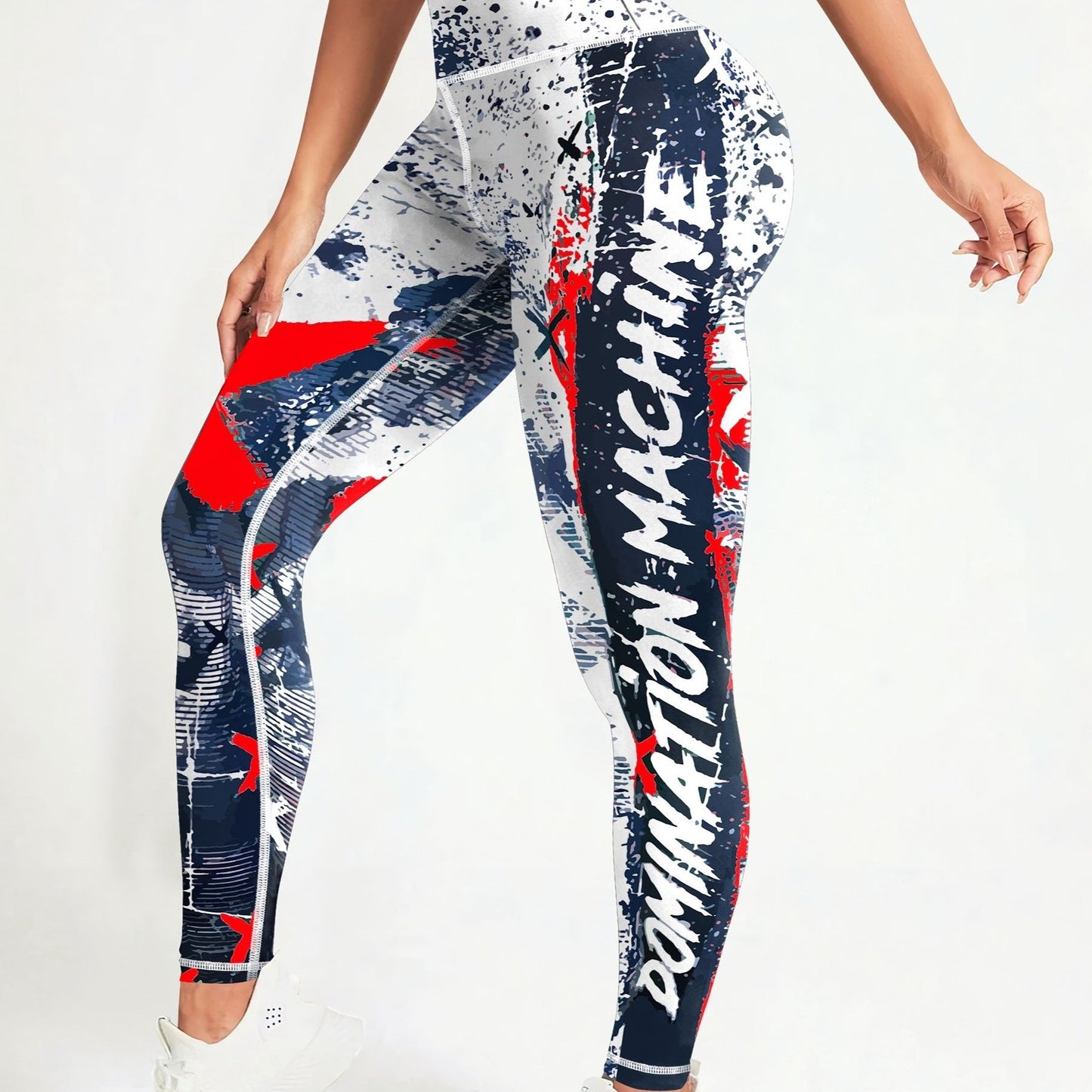 Yoga high waist leggings with color block graffiti print, tummy control and butt lifting, ideal for running and activewear.