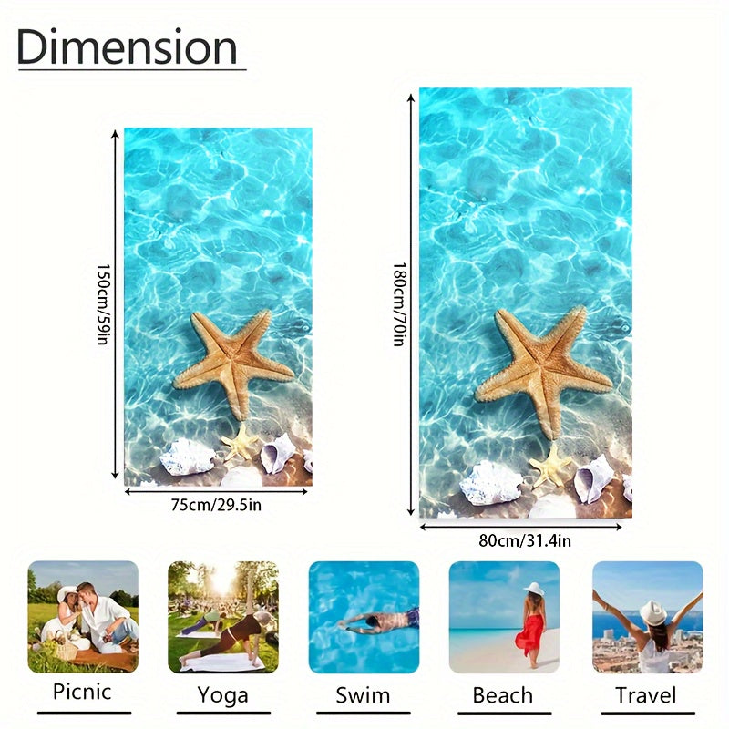 Soft, quick-dry beach towel with starfish and seahorse design. Sand-resistant, super absorbent microfiber. Ideal for pool, camping, yoga, diving. Tropical style in two sizes. Perfect for travel and yoga.