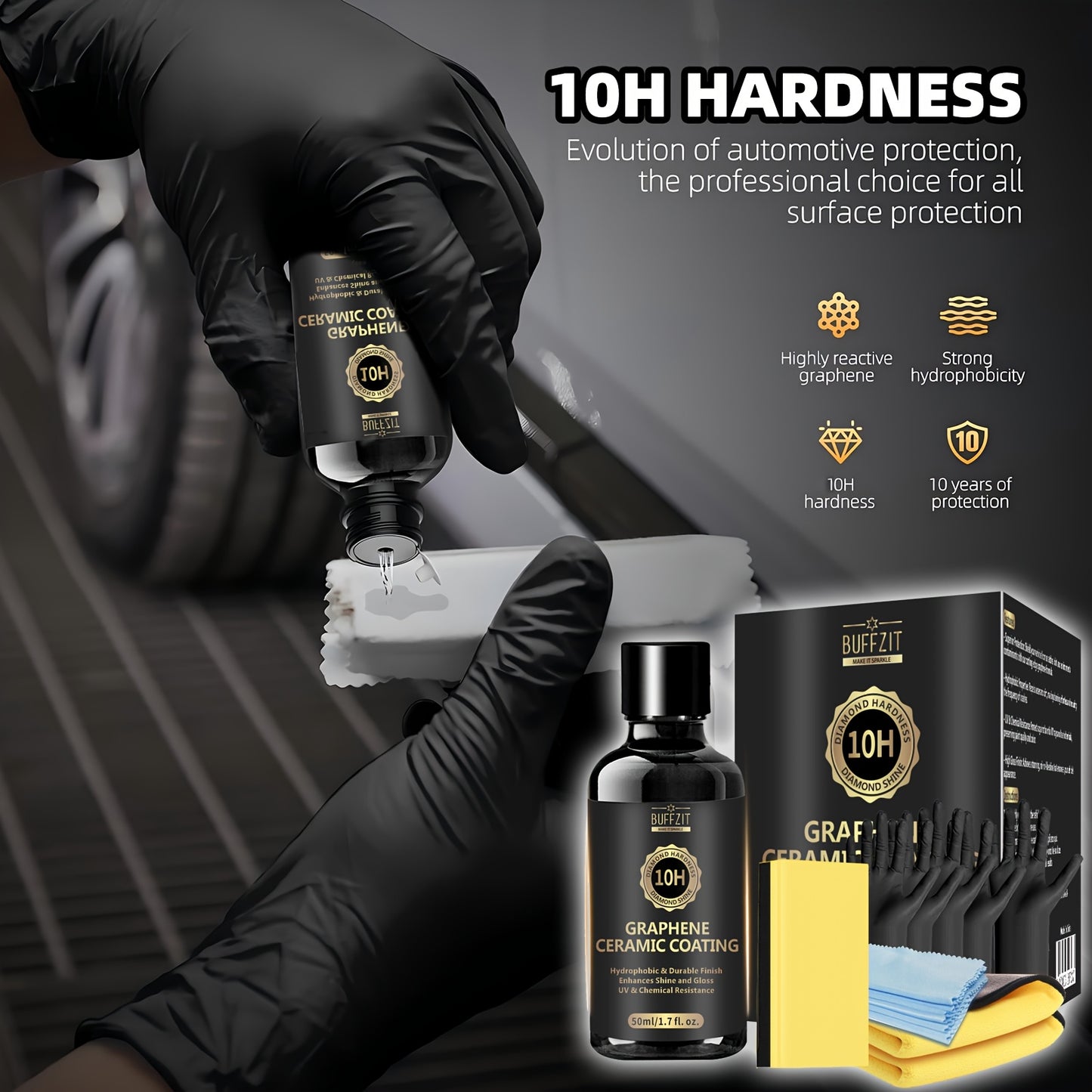 Graphene Ceramic Coating Wax for Cars Detailing Kit - 10H Surface Protection - Hydrophobic - High Shine Gloss - 50ml/1.7oz