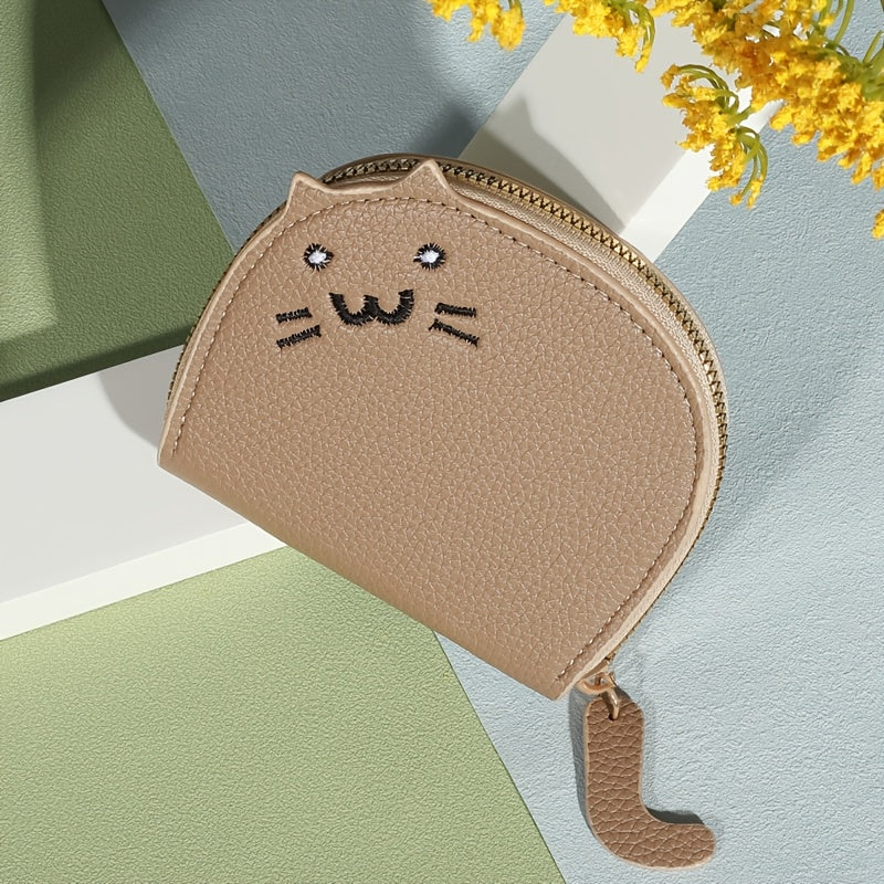 Charming cat-shaped casual wallet with synthetic material, card slots, zip closure, envelope design, easy to clean, and painted edge details.