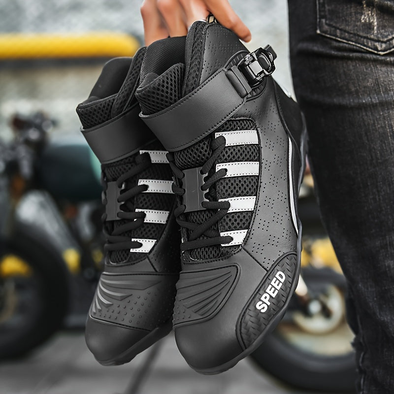 Men's motorcycle riding boots for off-road motorcycles. Ankle high PU leather shoes with protective gear and adjustable strap. Perforated breathable design.