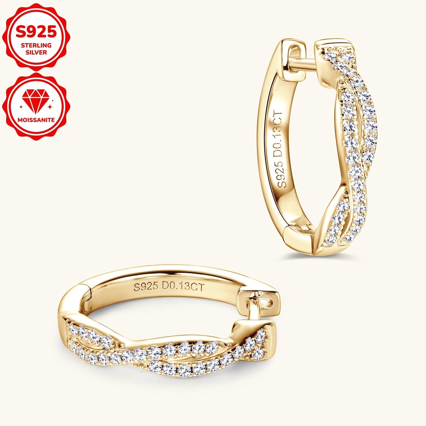 Featuring a silvery Gram Weight of 3.29g, embellished with 52 pieces of 1mm Moissanite stones totaling 0.13ct each, this elegant pair of earrings is crafted from 925 Sterling Silver. With a unique twist design, these Women's Fashion Hoop Earrings are