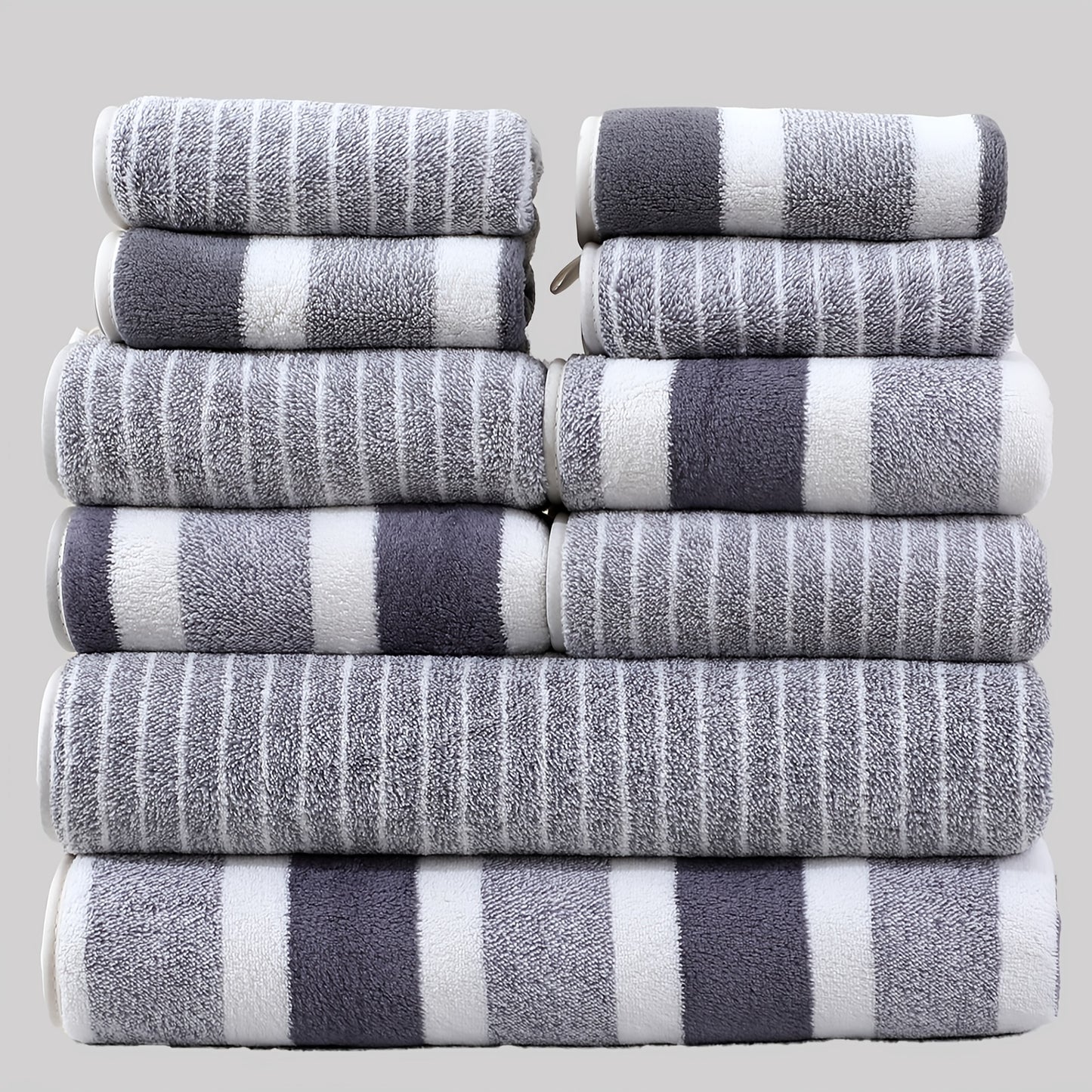 10-piece thick towel set includes 4 hand towels, 2 bath towels, and 4 washcloths. Super soft and absorbent, perfect for home bathrooms and holidays.