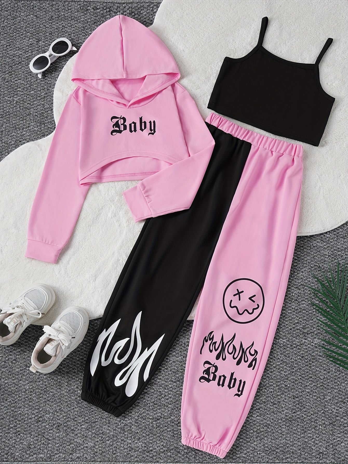 3-piece casual outfit set includes a blue hoodie, black tank top, and face print pants with white sneakers, made of stretchy polyester fabric; perfect for spring/summer/fall wear and