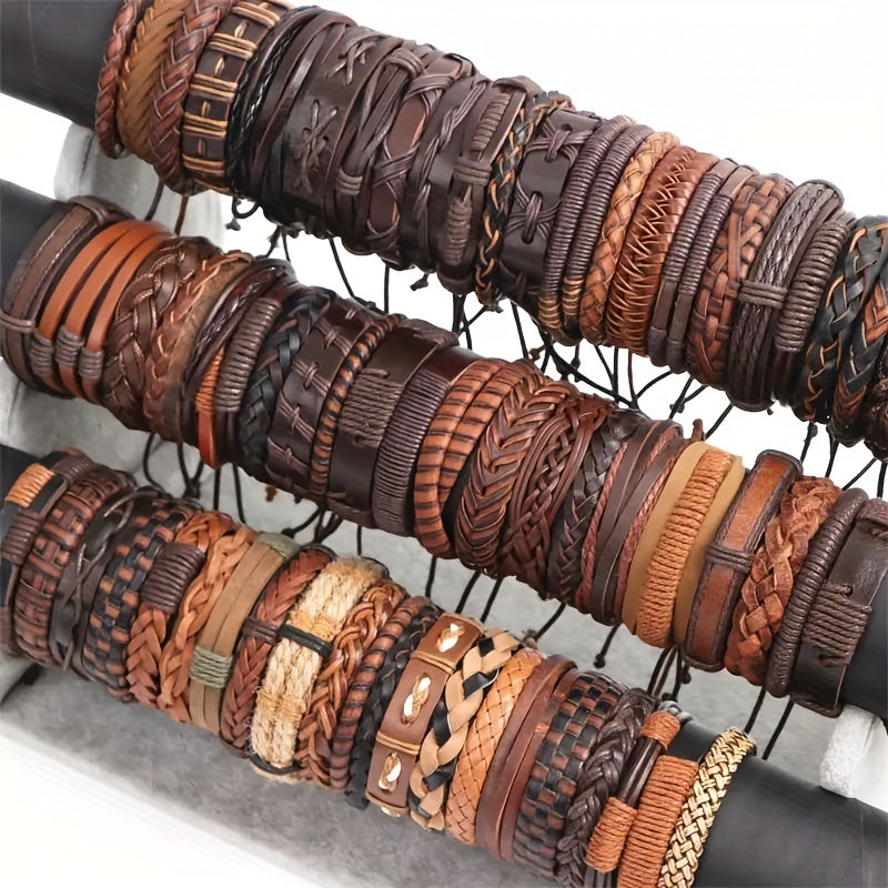 Set of 10, 20, or 30 Faux Leather Bracelets for Men and Women, Perfect for Christmas, Thanksgiving, and New Year Gifts. These Fashionable Retro Black and Brown Alloy Faux Cowhide Woven Bracelets are Adjustable and Stylish.