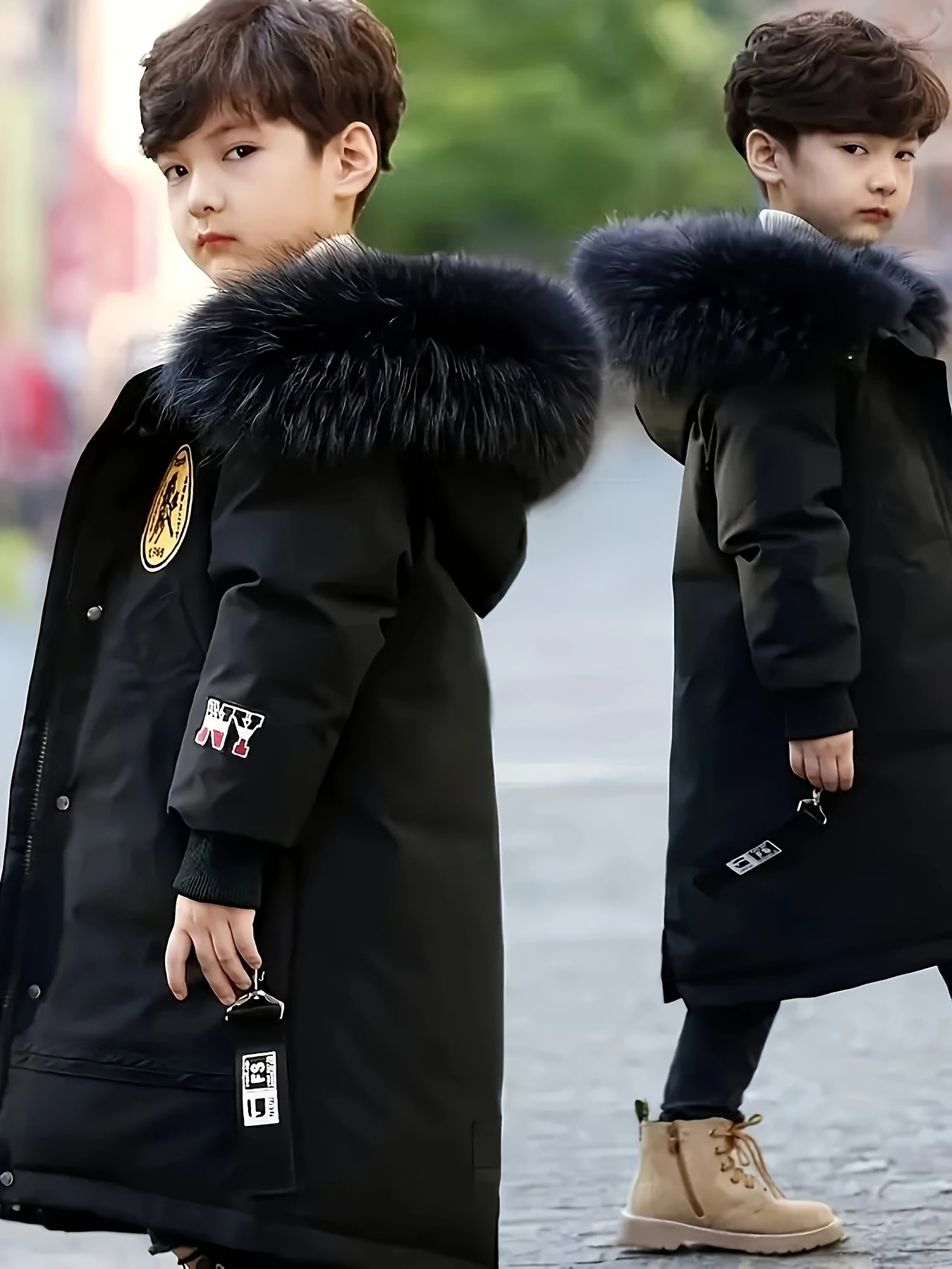 Medium-long boys' winter jacket with fur collar and hood for extra warmth and windproofing.