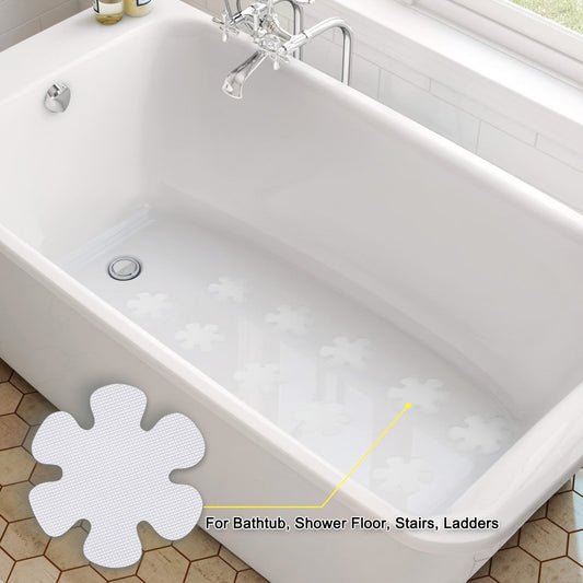 Non-slip bathtub stickers available in sets of 3, 12, and 24 pieces. These transparent flower-shaped floor stickers are ideal for use in bathtubs, shower floors, stairs, and ladders.