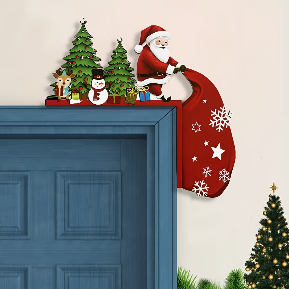 Rustic Christmas door decoration featuring Santa Claus, Snowman, and Reindeer. Perfect for indoor spaces, no electricity required. Great holiday gift idea.