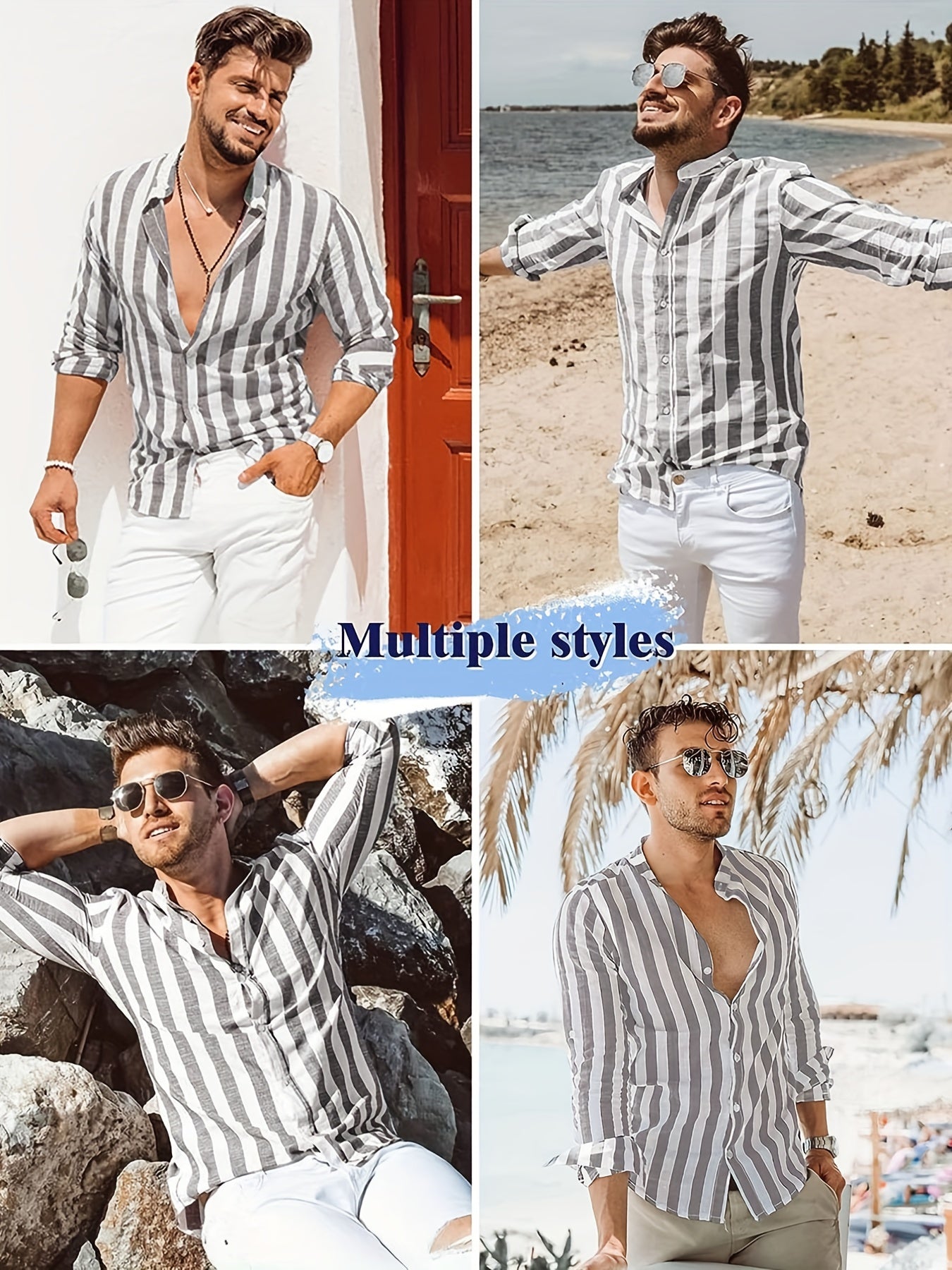 Men's vertical striped band collar shirt with long sleeves and regular fit, suitable for casual wear on the beach or for daily yoga.