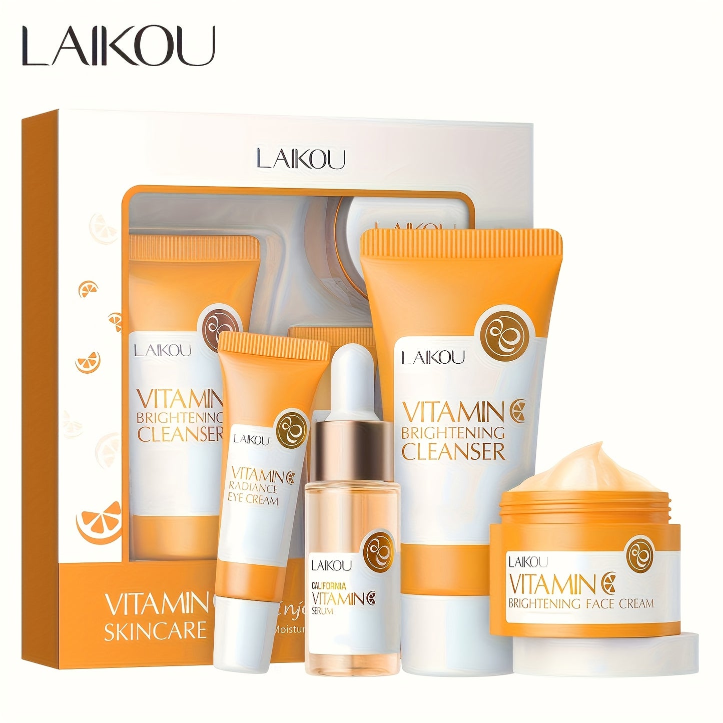 LAIKOU Vitamin C Skincare Gift Set includes 4 hydrating & moisturizing facial care products with hyaluronic acid, suitable for all skin types.