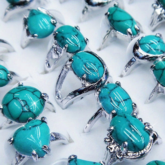 Wholesale Jewelry: Set of 10 Vibrant Turquoise Rings - Boho Style, crafted with Natural Stone Inlays, Ideal for Festivals & Casual Wear, Fashion Rings made of Alloy, Plated Finish