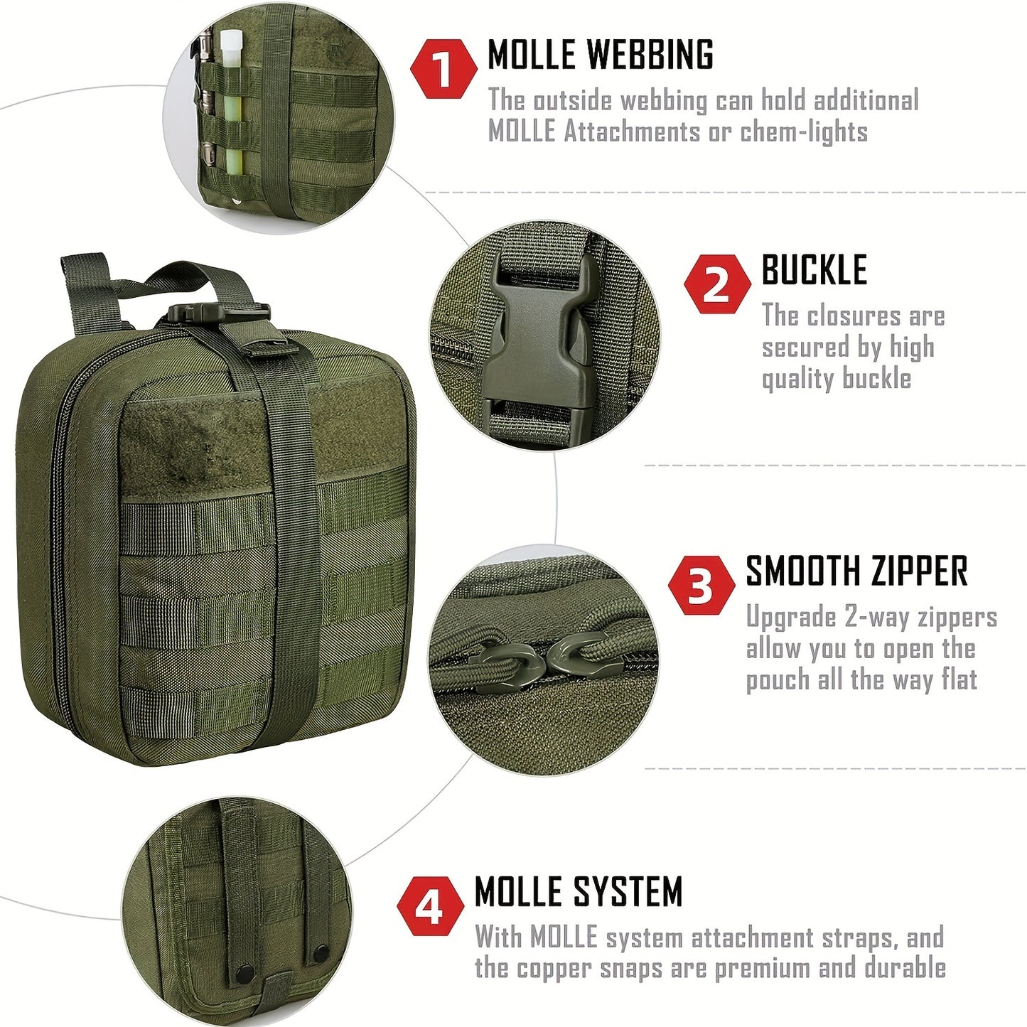 Rugged tactical first aid kit with quick release EMT pouch and MOLLE system in durable nylon bag for outdoor survival, green.