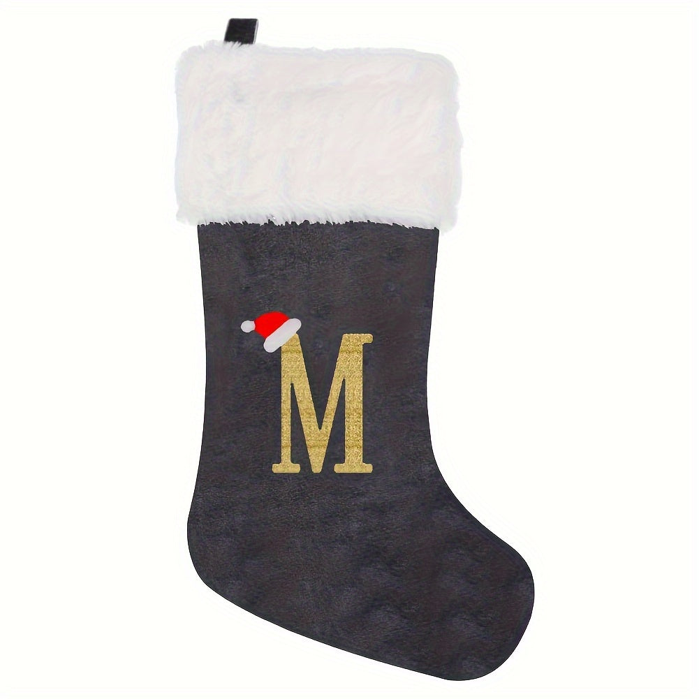 Modern Christmas stocking featuring 'HOME' embroidery in grey and white, made of polyester flannel, 43.18cm in length, feather-free, perfect holiday gift.