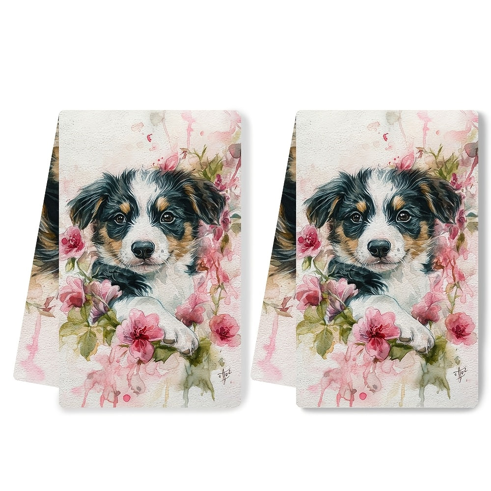 Two pieces of ultra soft kitchen towels featuring an adorable puppy and pink roses design. These towels are highly absorbent and quick-dry, making them perfect for Valentine's Day decor. They are machine washable and measure 40.64x60.96 cm.