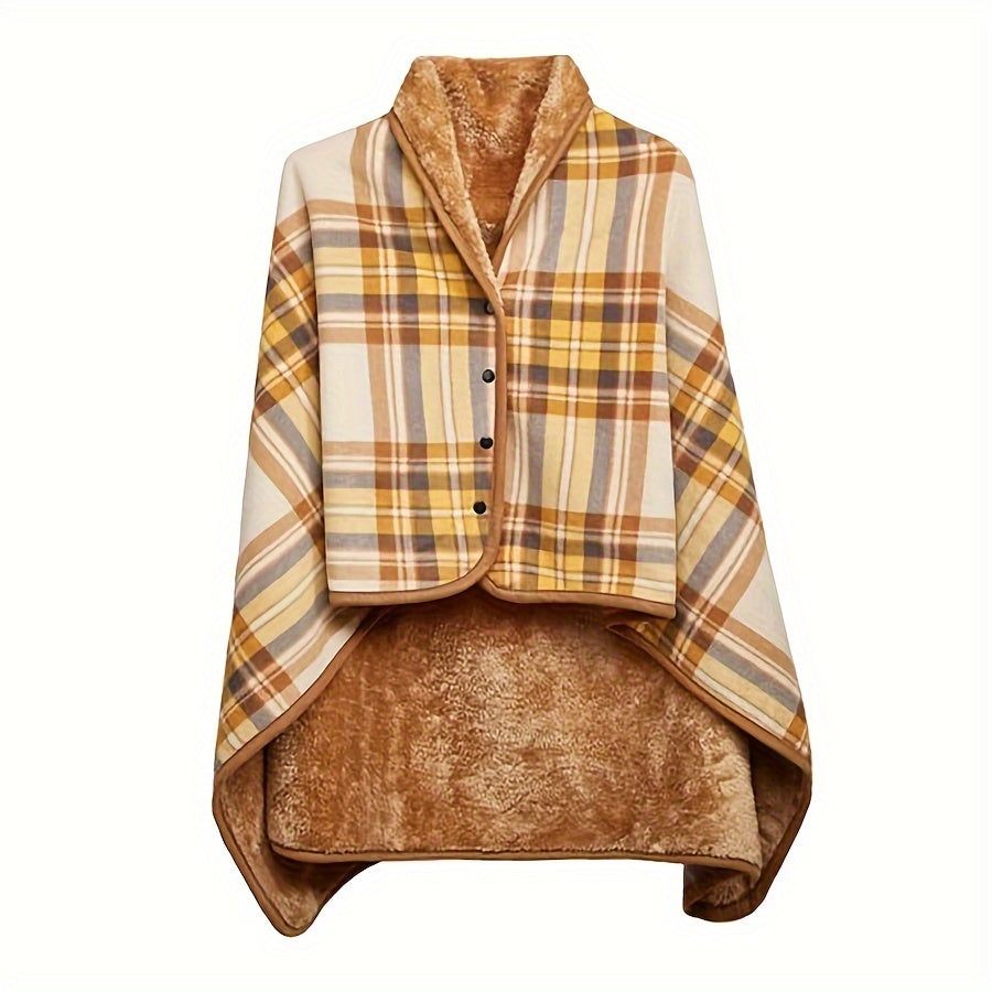 Stay warm and stylish with our reversible plaid shawl - a thick and cozy winter blanket featuring a convenient button closure, perfect for both office and home use.