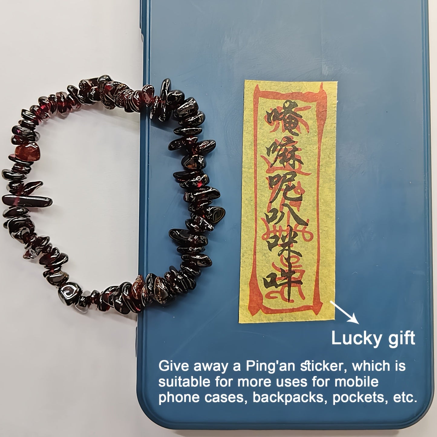 An elegant stone bracelet set featuring lucky Feng Shui protection stickers, irregular natural gemstone beads, reflective facets, and crystal clarity. This makes a thoughtful gift for partners, girlfriends, moms, and family members for daily and special