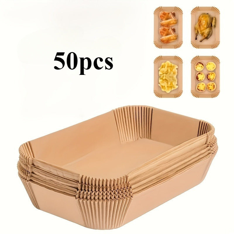 These 50 oversized rectangular liners for air frying pans are non-stick, simple to clean, and space-saving. These disposable paper baskets are oven-safe and perfect for baking, cooking, and serving, making them a must-have kitchen accessory for home