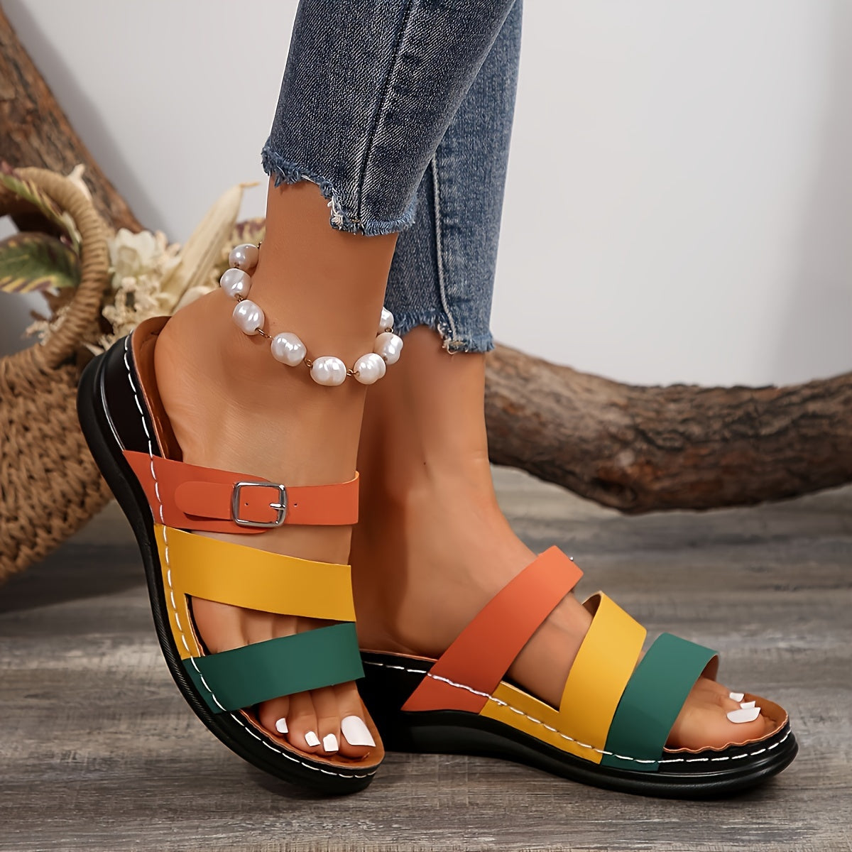 Colorblock slide sandals with thick sole and buckle strap in orange, green, yellow, black - stylish beach shoes.