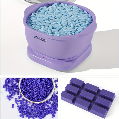 WAXKISS Purple Silicone Wax Warmer Kit with 500ml capacity, includes Hard Wax Beads & Wooden Sticks for hair removal. Suitable for salon and home use.