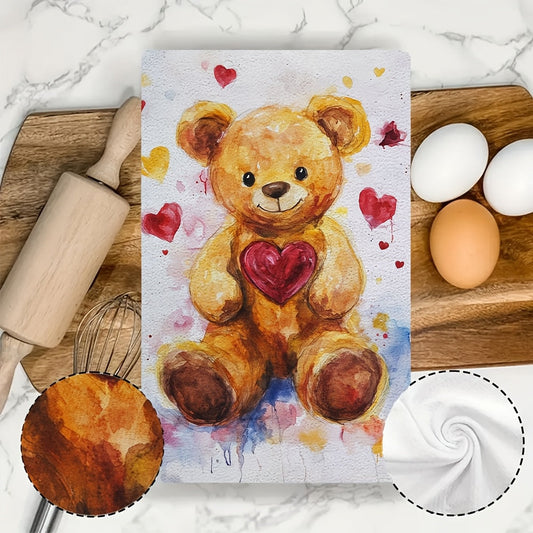 This set includes 2 ultra-soft kitchen towels with a cute Valentine's Day teddy bear design. They are highly absorbent and ideal for holiday decorating. These towels are machine washable and measure 40.64x60.96 cm.