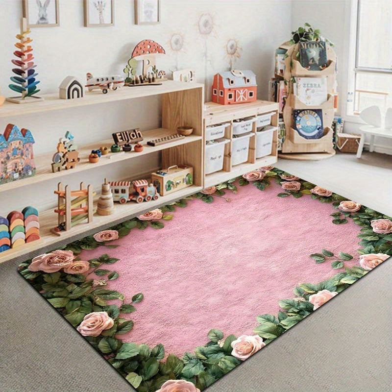 Polyester Doormat with Floral Design, Machine Washable, Non-Slip, 8mm Thick, Decorative Indoor Entrance Mat in Rectangle Shape for Kitchen, Living Room, Bedroom.