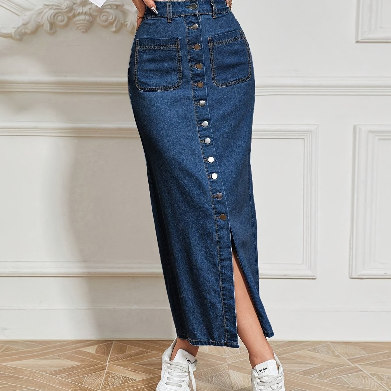 Denim midi skirt for women with high waist, solid color, front button detail, medium stretch fabric, straight cut, ideal for spring/summer/fall.