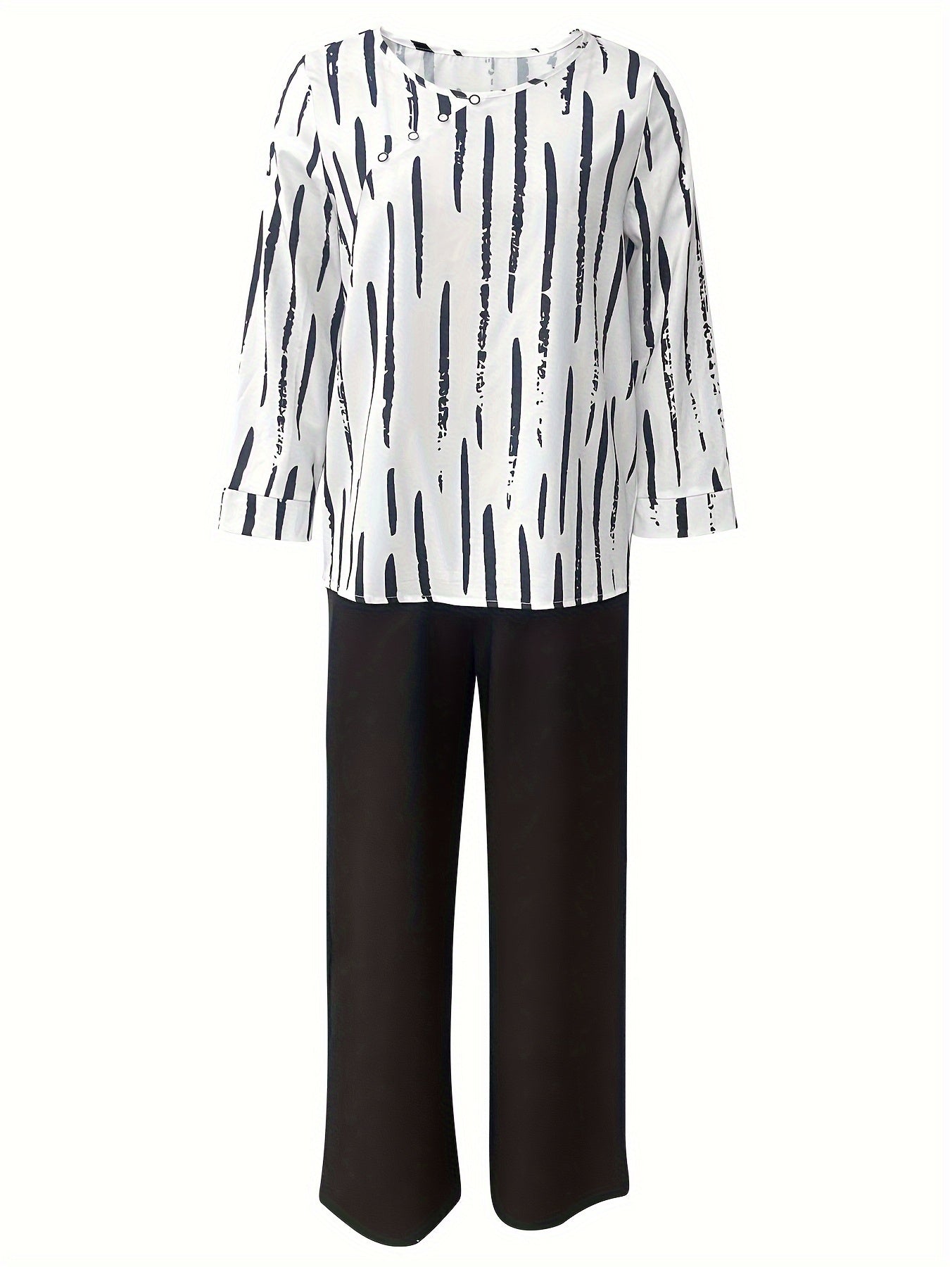 Women's Brush Print Cozy Leisure Set, including a short sleeve blouse with rolled hem and straight leg solid color pants.