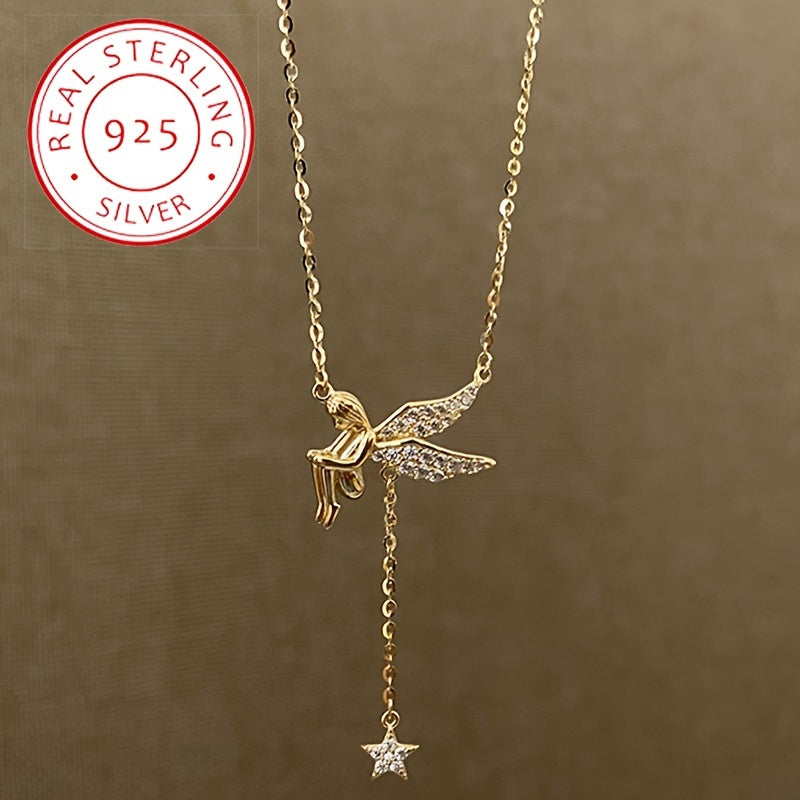 Sterling silver necklace with elf design, featuring a tassel and star pendant. This fashionable and minimalist clavicle chain is perfect for women who appreciate elegant French style. Inspired by celestial symbols, this piece adds a touch of charm to any