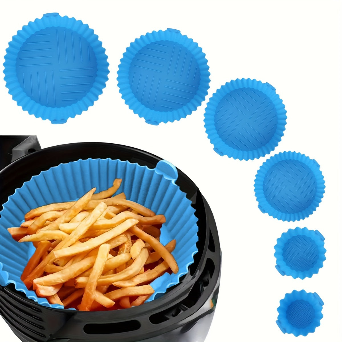 A set of 6 silicone air fryer liners, perfect for healthy cooking. These round, reusable, and easy-to-clean baking mats make cooking a breeze.