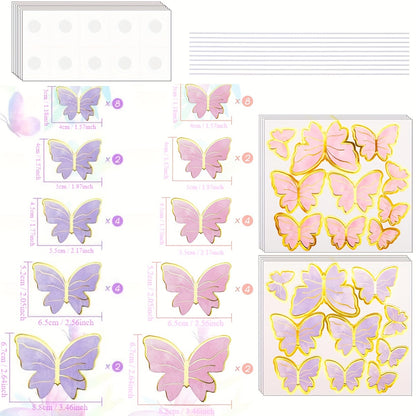 40 pieces of butterfly cake decorations, including 3D cupcake and wall decorations in pink and purple for birthdays, anniversaries, and parties.